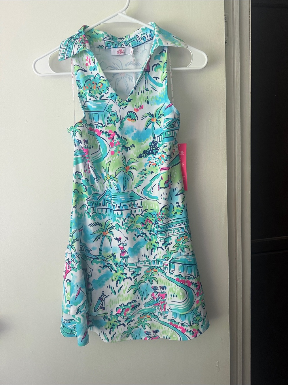 Wonen Tropical Print Polo Dress - Aqua & Pink with shorts